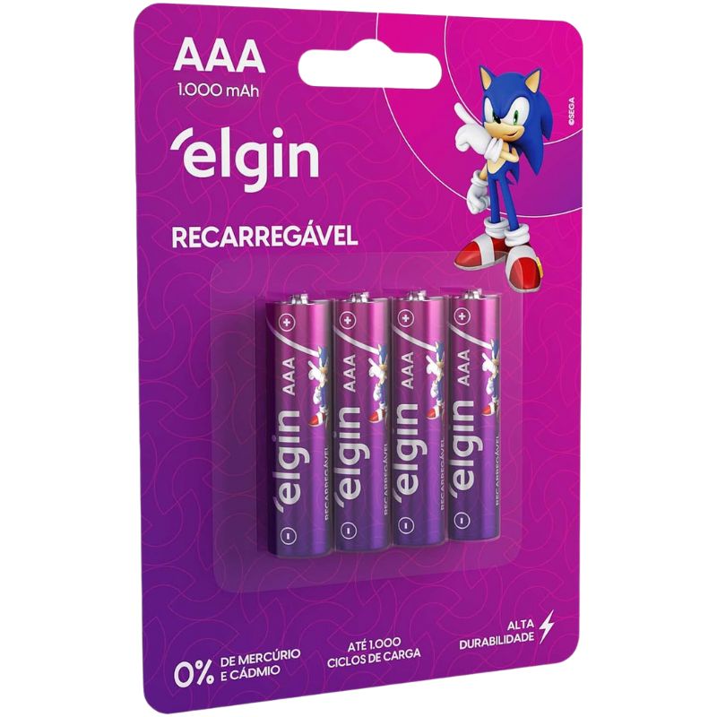 Pilha recarreg&aacute;vel AAA 1000mAh com 4 unidades Palito &ndash; Elgin